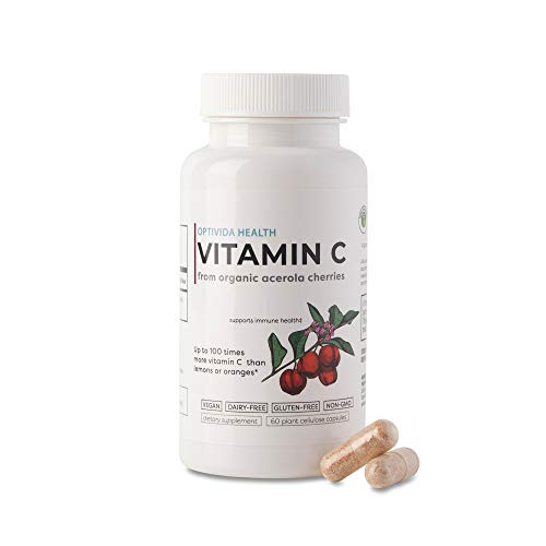 OPTIVIDA Vitamin C with Organic Acerola Cherry Extract - Vegan Supplement - Immune Support & System Booster, Healthy Skin & Joints Antioxidant