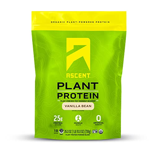 Ascent Plant Based Protein Powder - Non Dairy Vegan Protein, Zero Artificial Ingredients, Soy & Gluten Free, No Added Sugar, 4g BCAA, 2g Leucine - Vanilla, 20 Servings