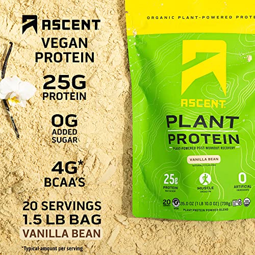 Ascent Plant Based Protein Powder - Non Dairy Vegan Protein, Zero Artificial Ingredients, Soy & Gluten Free, No Added Sugar, 4g BCAA, 2g Leucine - Vanilla, 20 Servings
