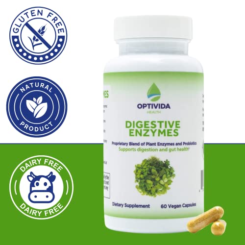 OPTIVIDA- Digestive Enzymes for Digestion, Prebiotics & Probiotics, Gut Health, Gluten & Dairy Digestion, Immunity, Bloating | 21 All Natural Plant Enzymes | Vegan (60 Capsules)