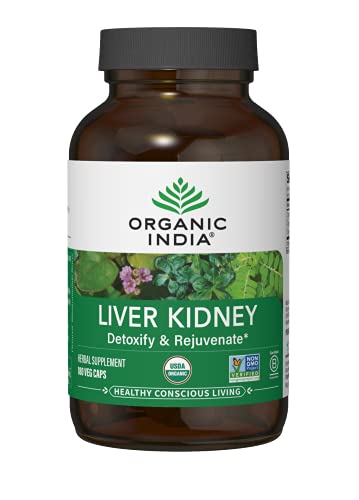 ORGANIC INDIA Liver Kidney Herbal Supplement - Detoxify & Rejuvenate, Supports Healthy Liver & Kidney Function, Vegan, Gluten-Free, Kosher, USDA Certified Organic, Non-GMO - 180 Capsules