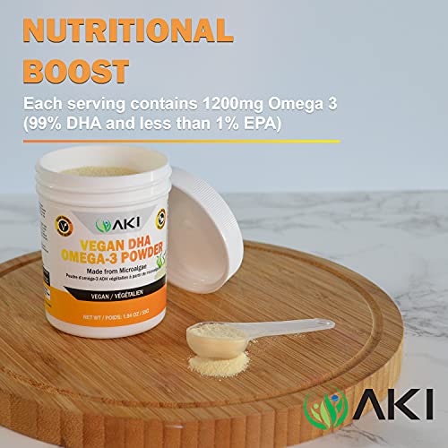 AKI Omega 3 DHA Micro Algae Powder Supplements - Plant-Based Keto Vitamin for Inflammation - Alternative to Fish or Krill Oil | Vegan & GMO-Free (1.94 Oz / 55G)