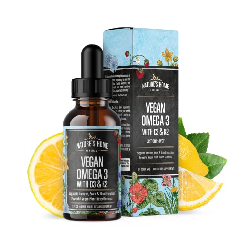 Vegan Omega 3 Liquid Lemon Flavor Omega Three Drops for Adults, Kids Carrageenan Free Supplement with 300mg DHA and 150mg of EPA, 5000 IU of Vitamin D3 & K2, All Ingredients 100% Vegan 60 Days…