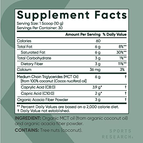 Sports Research Organic MCT Oil Powder - Keto & Vegan MCTs C8, C10 from Coconuts - Fatty Acid Brain & Body Fuel, Non-GMO & Gluten Free - Unflavored, Perfect in Coffee, Tea & Protein Shakes - 10.6 oz