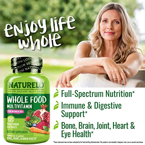 NATURELO Whole Food Multivitamin for Women 50+ (Iron Free) with Vitamins, Minerals, & Organic Extracts - Supplement for Post Menopausal Women Over 50 - No GMO - 120 Vegan Capsules