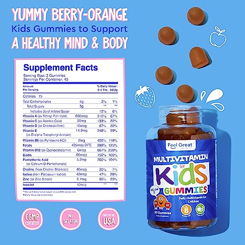 Feel Great Kids Multivitamin Gummies | Citrus & Strawberry Flavored Kids Gummies Multivitamins for Bone, Muscle & Immune Support | Chewable Vegetarian Gummy Vitamins | 45 Day Supply
