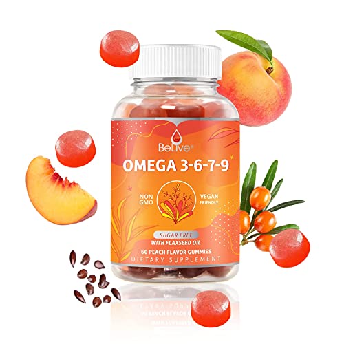BeLive Organic Omega 3 Gummies - Omega 3 6 9 7 DHA & EPA from Flaxseed Oil & Sea Buckthorn Fruit Oil, Vegan Omega 3 for Kids & Adults, Full Body, Brain & Eye Support, Sugar Free – Peach | 2-Pack