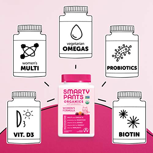 SmartyPants Organic Womens Multivitamin, Daily Gummy Vitamins: Biotin, Probiotics, Vitamin C, D3, B12, Omega 3, & Zinc for Immune Support, Energy, & Hair Skin & Nails, 120 Gummies, 30 Day Supply