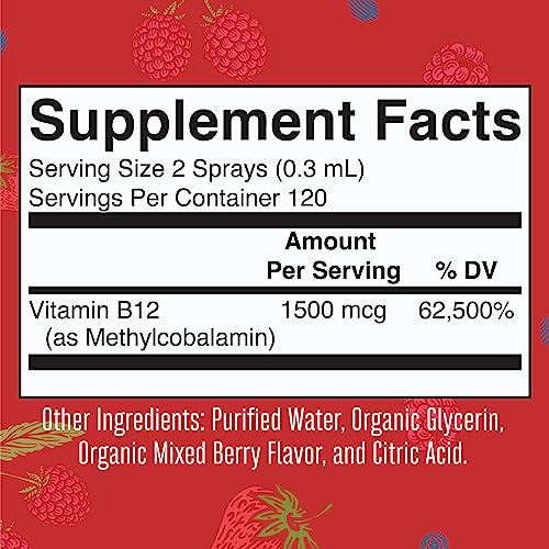 Vitamin B12 Spray | USDA Organic Vitamin B12 Liquid Spray | B12 Vitamin Supplement Liquid for Nerve Function | Liquid Vitamin B12 for Energy Support | Vegan | Non-GMO | Gluten Free | 1 Fl Oz