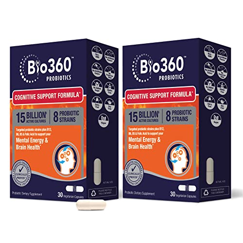 Bio360 Probiotics, Cognitive Support Formula, Brain Health & Mental Energy with 8 Strains 15 Billion CFU, Vitamin Boost for Women & Men, Stable Blister Pack, 30 Vegan Supplements (2 Pack)