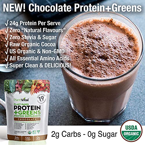 New! Plant Based Chocolate Protein Powder w 19 Superfoods, Veggies & Probiotics. Raw Cocoa, Kale, Beets, Spirulina & More! Vegan, Organic, Non-GMO, Gluten Free. 16oz