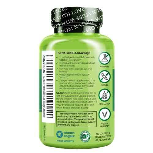 NATURELO Probiotic Supplement - 50 Billion CFU - 11 Strains - One Daily - Helps Support Digestive & Immune Health - Delayed Release - No Refrigeration Needed - 120 Vegan Capsules