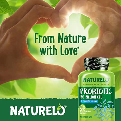 NATURELO Probiotic Supplement - 50 Billion CFU - 11 Strains - One Daily - Helps Support Digestive & Immune Health - Delayed Release - No Refrigeration Needed - 120 Vegan Capsules