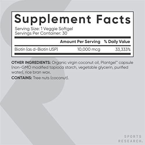 Sports Research Biotin | Supports Healthy Hair, Skin & Nails in Biotin deficient Individuals | Non-GMO Verified & Vegan Certified