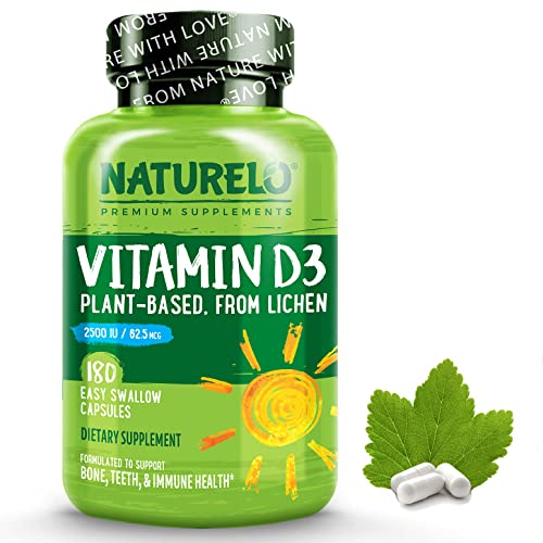 NATURELO Vitamin D - 2500 IU - Plant Based from Lichen - Natural D3 Supplement for Immune System, Bone Support, Joint Health - Vegan - Non-GMO - Gluten Free - 180 Mini Capsules