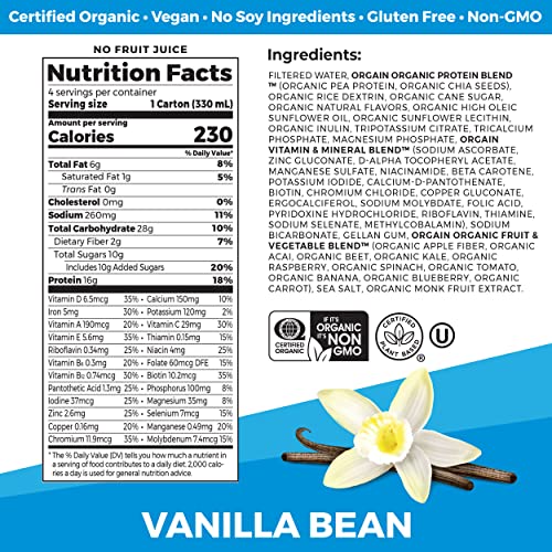 Orgain Organic Nutritional Vegan Protein Shake, Vanilla Bean - 16g Plant Based Protein, Meal Replacement, 21 Vitamins & Minerals, Gluten & Soy Free, 11 Fl Oz (Pack of 4) (Packaging May Vary)