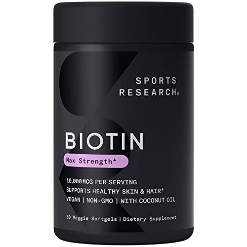 Sports Research Max Strength Biotin Supplement - Vegan Vitamin B7 Softgels for Healthier Hair & Skin and Keratin Support - Made with Coconut Oil, Non-GMO & Gluten Free - 10,000 mcg, 30 Count