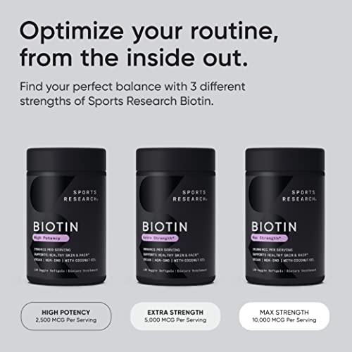 Sports Research Max Strength Biotin Supplement - Vegan Vitamin B7 Softgels for Healthier Hair & Skin and Keratin Support - Made with Coconut Oil, Non-GMO & Gluten Free - 10,000 mcg, 30 Count