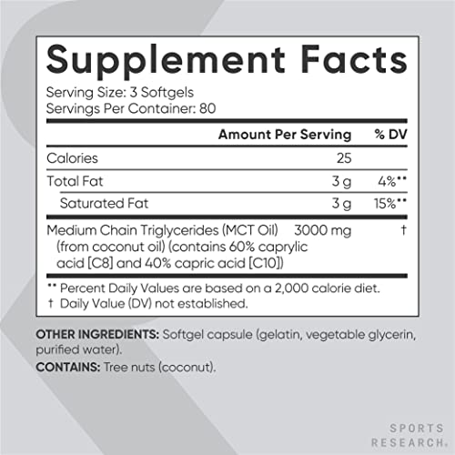 Sports Research Keto MCT Oil Capsules- Keto Fuel for The Brain & Body | Derived from Non-GMO Coconuts (240 Softgels)