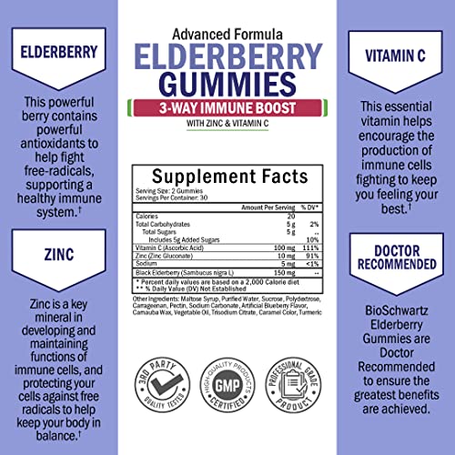 Elderberry Gummies with Zinc and Vitamin C for Adults & Kids - Natural Immune Support - Black Sambucus Elderberries - Powerful Multiminerals Supplement - Gluten-Free, Non-GMO, Made in USA, 60 ct