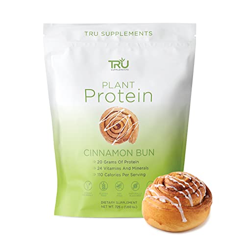 TRU Plant Based Protein Powder, BCAA, EAA, 20g Vegan Protein, 100 Calories, 27 Vitamins, No Artificial Sweeteners 25 Servings (Cinnamon Bun)