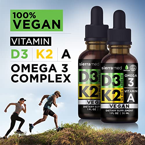SierraMed Vegan Vitamin D3 5000 IU w/ K2, Omega 3, Vitamin A - Immune Support, Muscle & Joint Support Supplement 120mcg K2 Vitamin Vitamin D Drops Liquid D3 K2