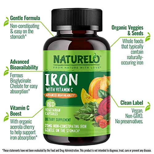 NATURELO Vegan Iron Supplement with Vitamin C and Organic Whole Foods - Gentle Iron Pills for Women & Men with Iron Deficiency Including Pregnancy, Anemia and Vegan Diets - 180 Mini Capsules