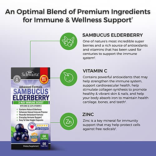 Elderberry with Zinc and Vitamin C for Adults - Immune Support Vitamins for Women and Men Natural Elderberries Black Sambucus Capsules - Immune Defense Multiminerals Supplement, Gluten-Free