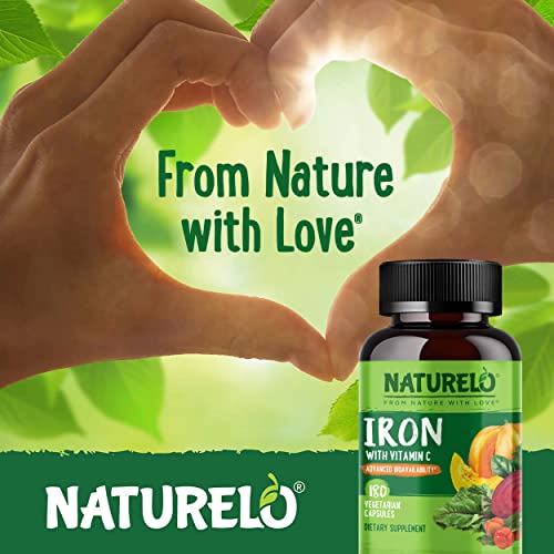 NATURELO Vegan Iron Supplement with Vitamin C and Organic Whole Foods - Gentle Iron Pills for Women & Men with Iron Deficiency Including Pregnancy, Anemia and Vegan Diets - 180 Mini Capsules