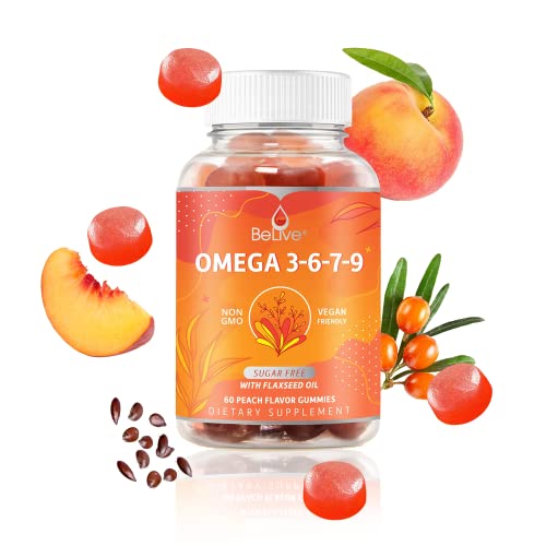 BeLive Organic Omega 3 Gummies - Omega 3 6 9 7 DHA & EPA from Flaxseed Oil & Sea Buckthorn Fruit Oil, Vegan Omega 3 for Kids & Adults, Full Body, Brain & Eye Support, Sugar Free – Peach | 3-Pack