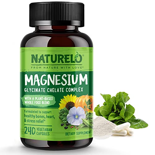 NATURELO Magnesium Glycinate Supplement - 200 mg Glycinate Chelate with Organic Vegetables to Support Sleep, Calm, Muscle Cramp & Stress Relief – Gluten Free, Non GMO - 240 Capsules