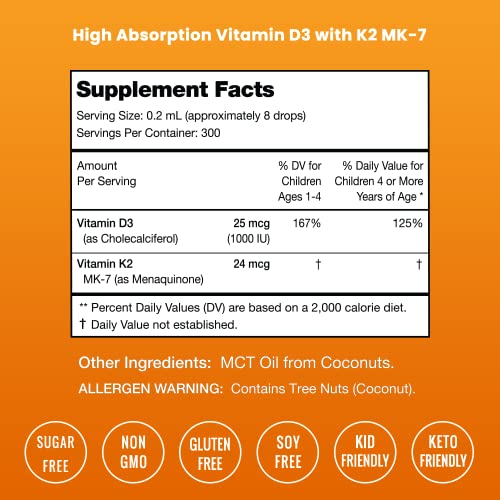 Kids Vitamin D 3 K2 Drops | Vitamin D3 & K2 MK-7 | Liquid Vitamin D for Kids 1000 IU | Healthy Bones, Heart & Immune System | Sugar Free Supplement for Toddlers | Non-GMO | Unflavored | 300 Servings
