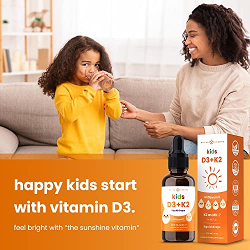 Kids Vitamin D 3 K2 Drops | Vitamin D3 & K2 MK-7 | Liquid Vitamin D for Kids 1000 IU | Healthy Bones, Heart & Immune System | Sugar Free Supplement for Toddlers | Non-GMO | Unflavored | 300 Servings