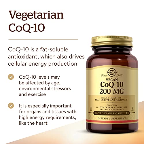 Solgar Vegetarian CoQ-10 200 mg, 60 Vegetable Capsules - Heart Healthy, Protective Antioxidant - Coenzyme Q10 (CoQ-10) Supplement - Vegan, Gluten Free, Dairy Free, Kosher - 60 Servings