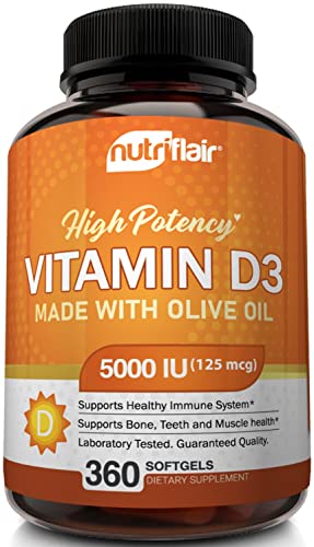 NutriFlair Vitamin D3 5000 IU (125 mcg) with Olive Oil, 360 Softgels – Advanced Vitamin D3 Supplements - Supports a Healthy Immune Support, Bone and Teeth Health, Healthy Muscle Function – Non-GMO