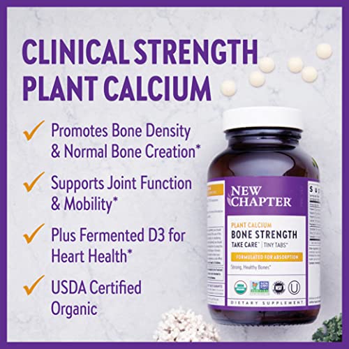 New Chapter Calcium Supplement - Bone Strength Tiny Tabs Organic Red Marine Algae Calcium - with Vitamin D3+K2 + Magnesium, 70+ Trace Minerals for Bone Health, Gluten Free, Easy to Swallow - 240 ct