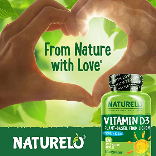 NATURELO Vitamin D - 2500 IU - Plant Based from Lichen - Natural D3 Supplement for Immune System, Bone Support, Joint Health - Vegan - Non-GMO - Gluten Free - 120 Capsules