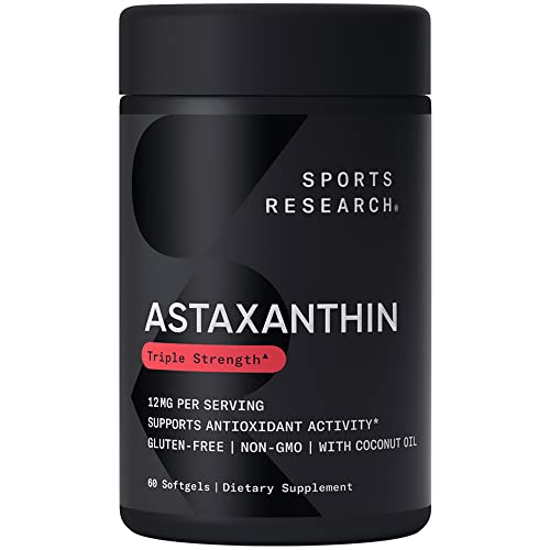 Sports Research Triple Strength Astaxanthin Supplement from Algae - Softgels for Antioxidant Activity, Skin & Eye Health Support, Made with Coconut Oil, Non-GMO Verified & Gluten Free - 12mg, 60 Coun