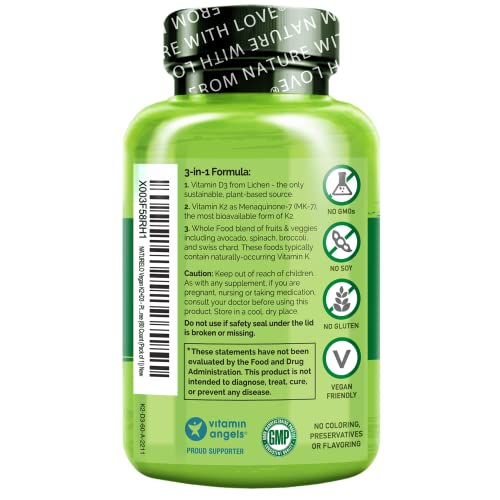 NATURELO Vegan K2+D3 - Plant Based D3 from Lichen - Natural D3 Supplement for Immune System, Bone Support, Joint Health - Whole Food - Vegan - Non-GMO - Gluten Free,Capsule (60 Count (Pack of 1))
