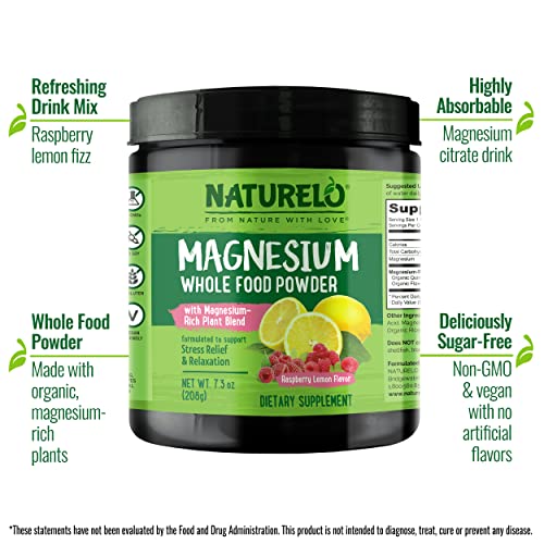 NATURELO Whole Food Magnesium Powder - Supports Stress Relief, Relaxation, Raspberry Lemon Flavor - 40 Servings | 7 oz