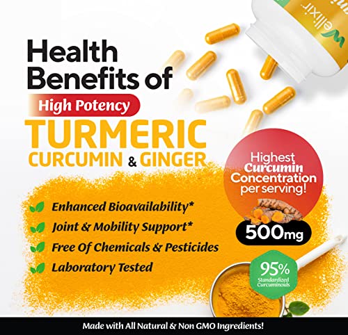 Wellixir 2 Pac of Wellixir Turmeric Supplement – Curcumin with Bioperine Capsules with Ginger Root Extract, Curcumin and Turmeric for Joint Health – 95% Curcuminoids Formula - 180 x 2 Capsules