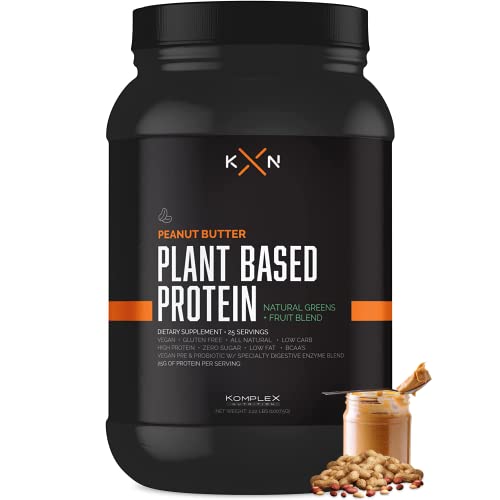 KompleX Nutrition Plant Based Protein Powder (25 Servings) - Peanut Butter Flavored, Natural, Vegan, Zero Sugar, Low Fat, Non GMO Dietary Supplement Made from 29 Natural Greens & Fruits