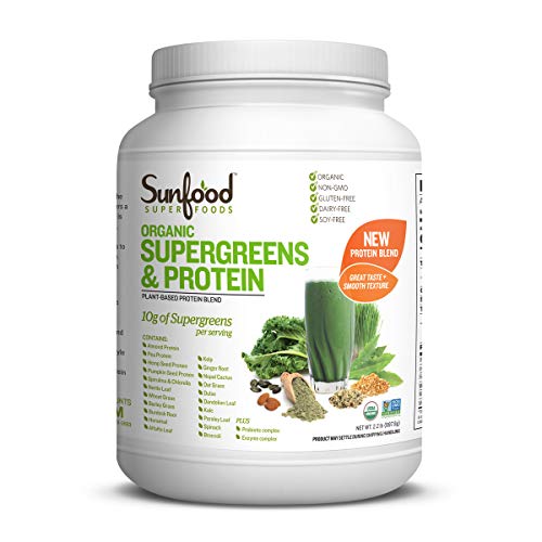 Sunfood Organic Supergreens & Protein 2.2lb Tub. Plant-Based, Grain Free Protein Blend Chlorophyll Rich + 19 Green Superfoods + Probiotics + Enzymes. Ultra-Clean: No Fillers, Additives, Preservatives