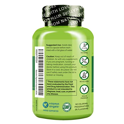NATURELO Digestive Enzymes - Full Spectrum Support with a Broad Blend of 15 Enzymes Plus Ginger - 90 Vegan Capsules