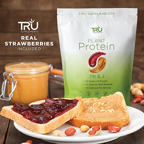 TRU Plant Based Protein Powder, BCAA, EAA, 20g Vegan Protein, 100 Calories, 27 Vitamins, No Artificial Sweeteners 25 Servings (PB & J)