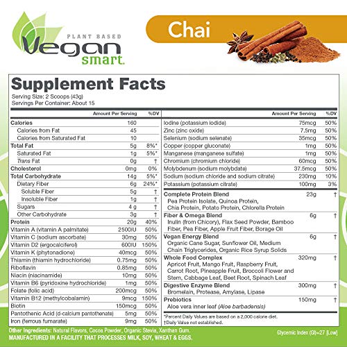 Vegansmart Plant Based Vegan Protein Powder by Naturade, All-in-One Nutritional Shake - Chai (15 Servings)