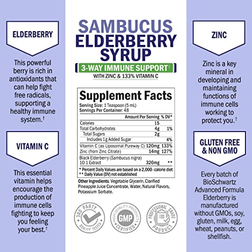 Elderberry Syrup for Kids and Adults - Natural Immune Support with Zinc and Vitamin C Plus 10x Concentrated Sambucus Elderberries - Blueberry Pancake Flavor - Gluten-Free, Non-GMO Multiminerals - 8oz