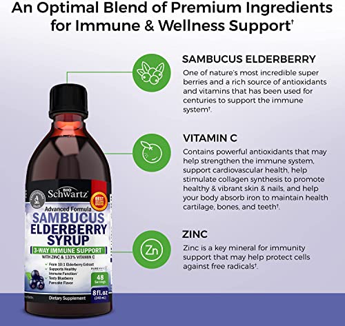 Elderberry Syrup for Kids and Adults - Natural Immune Support with Zinc and Vitamin C Plus 10x Concentrated Sambucus Elderberries - Blueberry Pancake Flavor - Gluten-Free, Non-GMO Multiminerals - 8oz