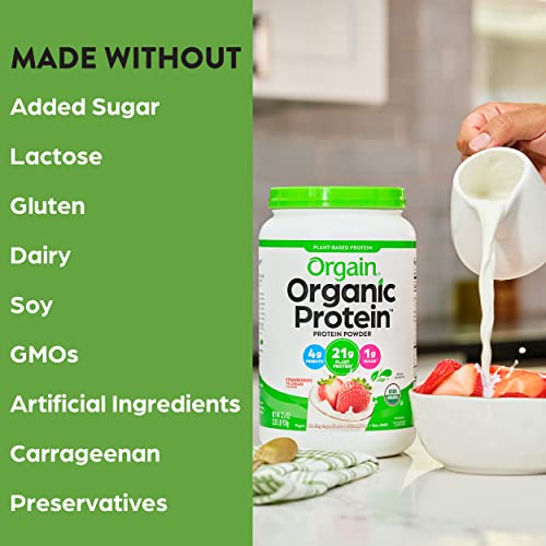 Orgain Organic Vegan Protein Powder, Strawberries and Cream - 21g Plant Based Protein, Gluten Free, Dairy Free, Lactose Free, Soy Free, No Sugar Added, Kosher, For Smoothies & Shakes - 2.03lb