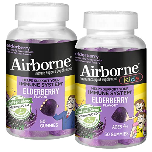 Airborne Adult & Kid Elderberry + Zinc & Vitamin C Gummies, Immune Support Zinc Gummies with Powerful Antioxidants VIT C D & E - (2x50ct Bottles), Delicious Elderberry Flavor